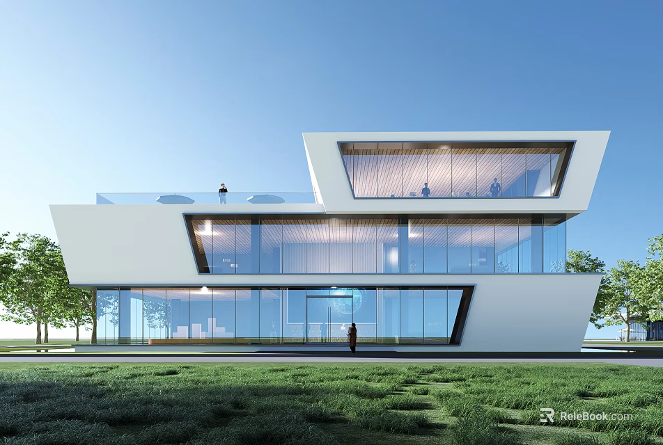 Modern Sales Office Building With Glass Curtain Wall And White Exterior 3d model 