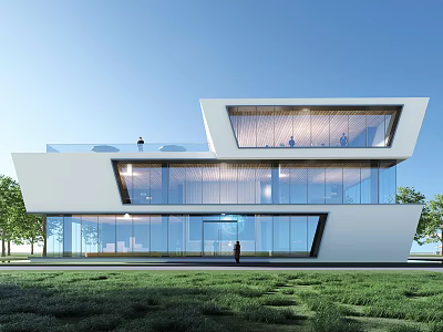 Modern Sales Office Building With Glass Curtain Wall And White Exterior 3d model