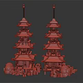 Cartoon Scene of Purple and Pink Traditional Multi story Towers with Green Plants