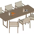 Modern Slatted Dining Table Set With Six Wicker Chairs And Fruit Platter On Top