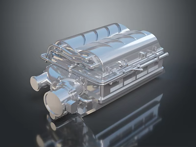 Shiny Silver Car Engine Featuring Complex Structure Pipes And Metallic Surface On Black Background 3d model