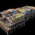 Old Connected Wooden Stilt Houses with Weathered Roofs Balconies Staircases and Wooden Pillars