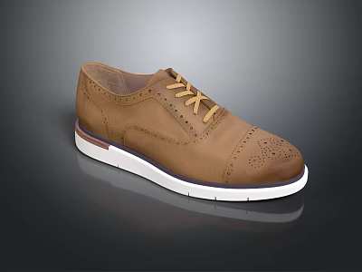 Brown Leather Lace Up Brogue Shoes With White Sole For Casual Style 3d model