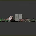 Garden Ornaments With Red And Gray Bricks On Green Grass And Leafy Plants