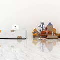 Modern White Reception Desk With Circular Patterns Sofa Decorative Tree And Ornaments 3d model