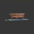Wooden Outdoor Bench With Curved Back On Stone Slab Floor With Fallen Leaves
