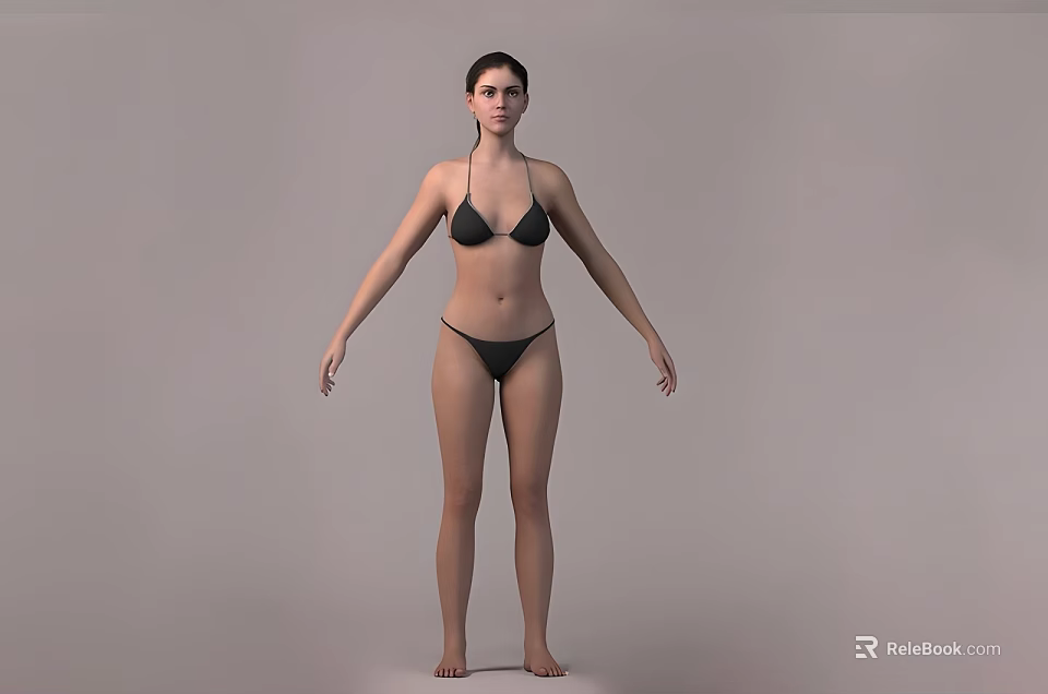 Woman Wearing Black Bikini Standing With Feet Together Against Grey Background And Arms Down 3d model 