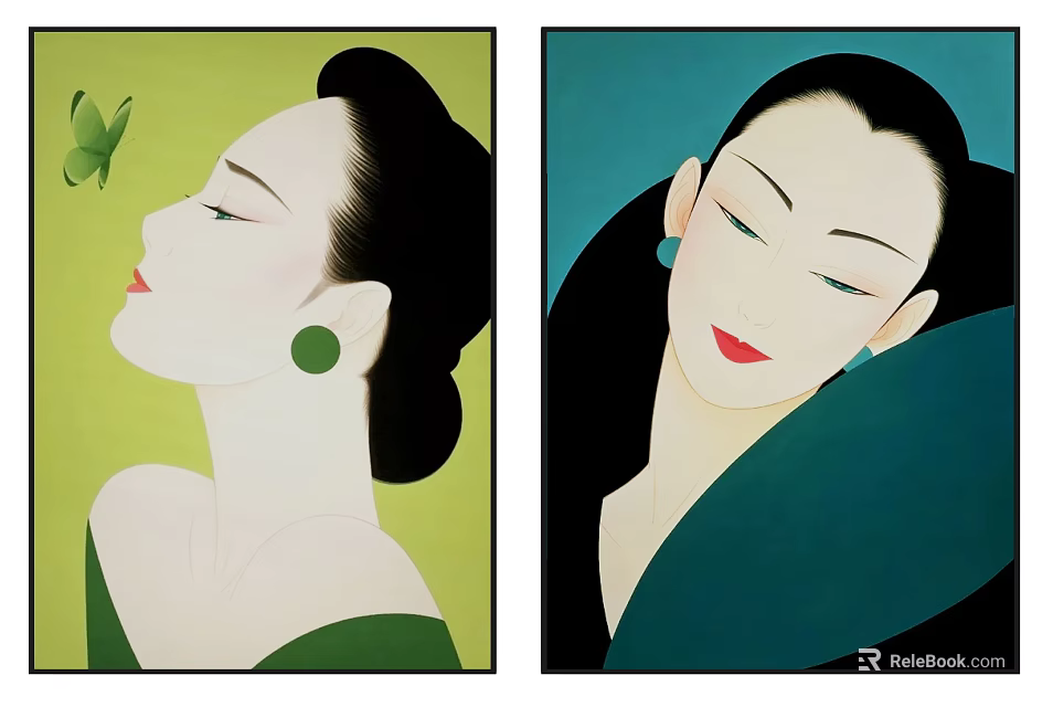 Elegant Female Portrait Paintings With Green Earrings Bun Butterfly And Blue Green Backgrounds 3d model 