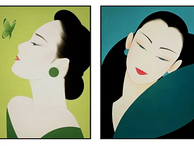Elegant Female Portrait Paintings With Green Earrings Bun Butterfly And Blue Green Backgrounds 3d model
