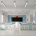 Modern Laboratory Interior With White Lab Tables Stools Suspended Lighting And Windows 3d model