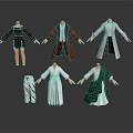 Various Clothing Models With Different Styles Including Black Dress Brown Coat And Green Robe