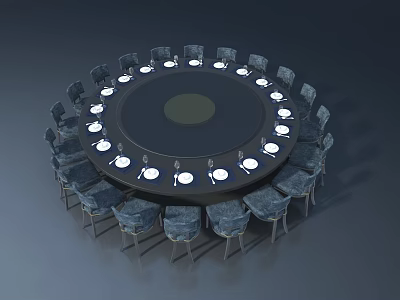 Hinged Door Design In Dining Room With Round Table Chairs White Plates And Lights 3d model