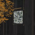 Intricate Botanical Painting With Plant Patterns On Dark Wall And Red Maple Leaves