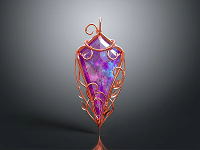 Elegant Copper Frame Pendant With Purple Gemstone And Ornate Curved Design 3d model