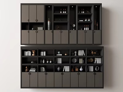 Modern Dark Wine Cabinet Design With Open Shelves Wine Bottles Glasses And Decorative Items 3d model