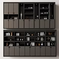 Modern Dark Wine Cabinet Design With Open Shelves Wine Bottles Glasses And Decorative Items