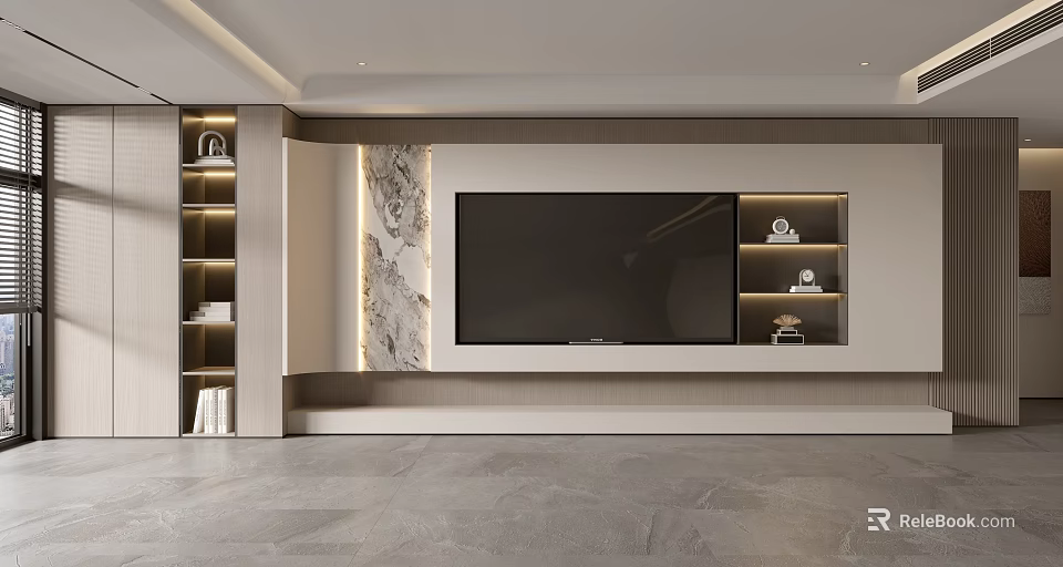 Modern Living Room TV Wall Design With Wooden Shelves Decorations And Marble Accent 3d model 