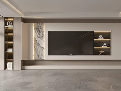 Modern Living Room TV Wall Design With Wooden Shelves Decorations And Marble Accent 3d model