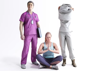 People with Medical Professional in Purple Uniform Yoga Practitioner Sitting and Person Holding Gray Clothing 3d model