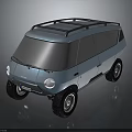 Blue Retro Styled Compact Van With Roof Rack Off Road Tires And Round Headlights