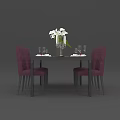 Dining Table Set with Purple Chairs White Flowers Tableware and Candles