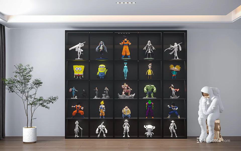 Assorted Action Figures Displayed On Black Shelf With Astronaut Doll And Potted Plant 3d model 