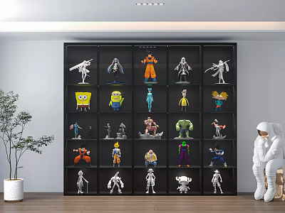 Assorted Action Figures Displayed On Black Shelf With Astronaut Doll And Potted Plant 3d model