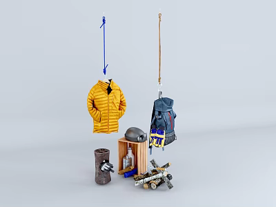 Outdoor Adventure Gear Collection With Yellow Jacket Blue Backpack Helmet Hiking Poles 3d model
