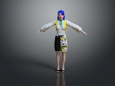 Woman With Blue Hair In White Long Sleeve Top And Yellow Suspenders Arms Outstretched 3d model