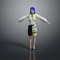 Woman With Blue Hair In White Long Sleeve Top And Yellow Suspenders Arms Outstretched