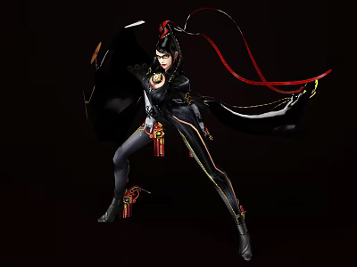 Game Movie Character In Black Outfit With Red Ribbon And Dynamic Sword Pose 3d model