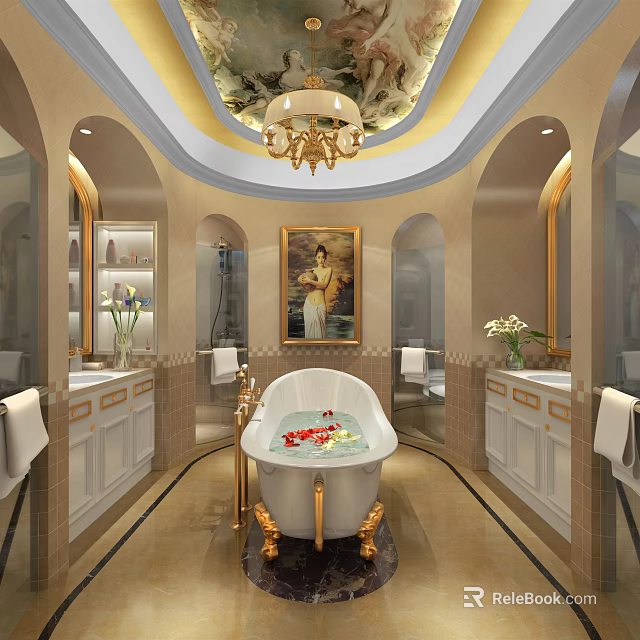Luxurious Hotel Bathroom with White Bathtub Golden Stand Flower Petals Arched Design and Chandelier 3d model 