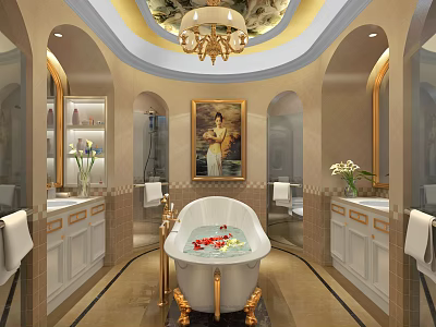 Luxurious Hotel Bathroom with White Bathtub Golden Stand Flower Petals Arched Design and Chandelier 3d model
