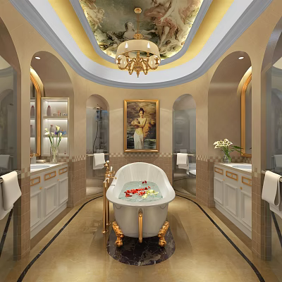 Luxurious Hotel Bathroom with White Bathtub Golden Stand Flower Petals Arched Design and Chandelier 3d model