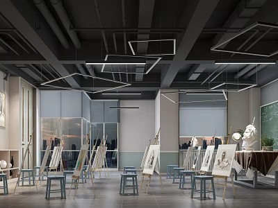 Bright Art Studio Interior With Easels Stools Plaster Statues Green Blackboard And Ceiling Lights 3d model