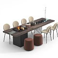 Wooden Tea Table with Tea Set Light-colored Chairs Black Metal Legs and Brown Stools