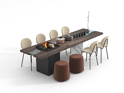 Wooden Tea Table with Tea Set Light-colored Chairs Black Metal Legs and Brown Stools 3d model