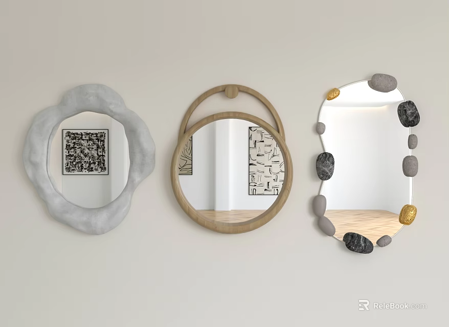 Decorative Mirrors Featuring Cloud Like Wooden and Stone Gold Accent Frames 3d model