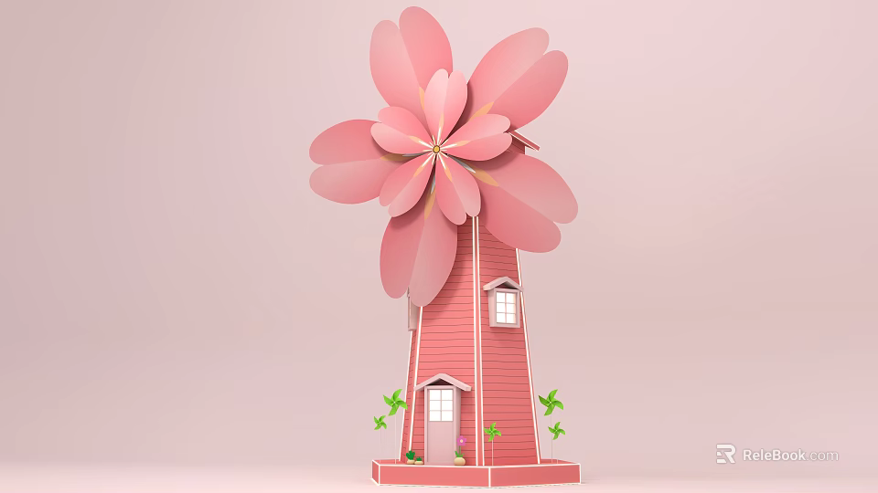 Pink Windmill House With Petal Blades Red Body Windows Door And Small Base Plants 3d model 