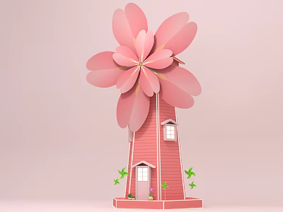 Pink Windmill House With Petal Blades Red Body Windows Door And Small Base Plants 3d model