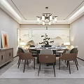 Elegant Modern Chinese Private Dining Room With Round Table Chairs Chandelier And Landscape Painting