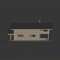 Modern Log Cabin with Black Roof Chimney Porch Tables Chairs and Green Lawn