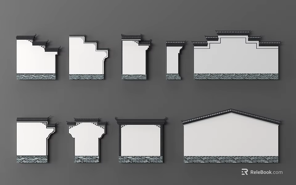 Chinese Traditional Building Exteriors With Various Classic Roof Designs And White Walls 3d model 