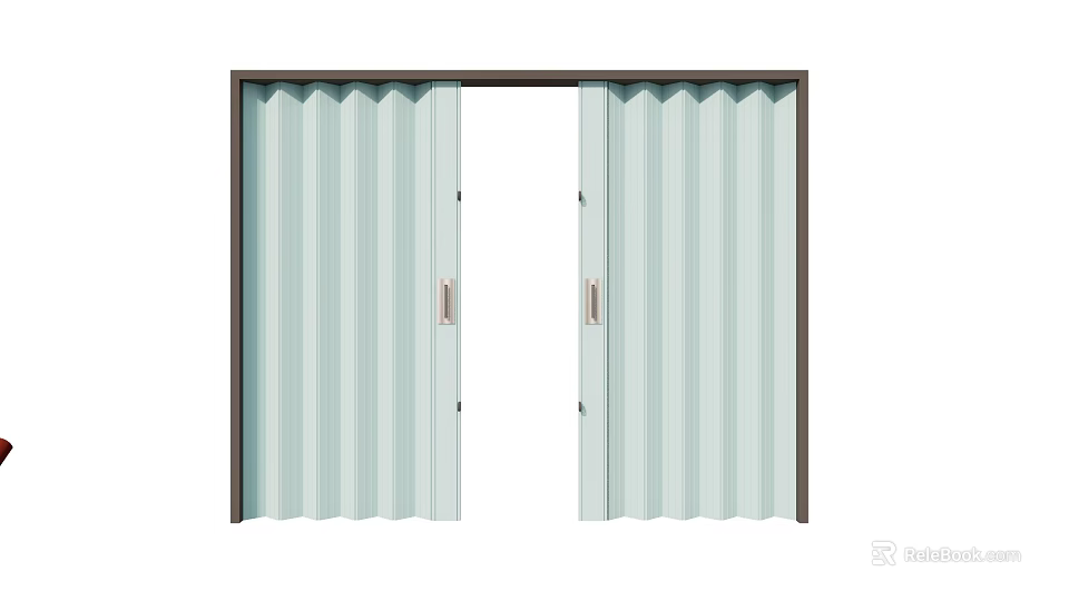 Light Green Vertical Striped Sliding Doors with Dark Brown Frame and Open Design 3d model 