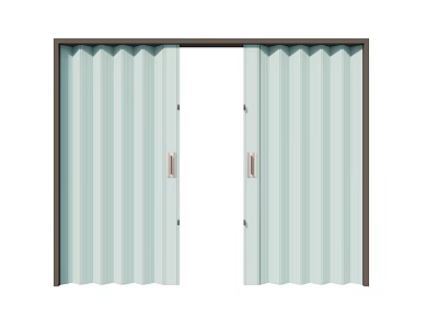 Light Green Vertical Striped Sliding Doors with Dark Brown Frame and Open Design 3d model