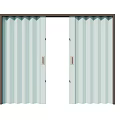 Light Green Vertical Striped Sliding Doors with Dark Brown Frame and Open Design