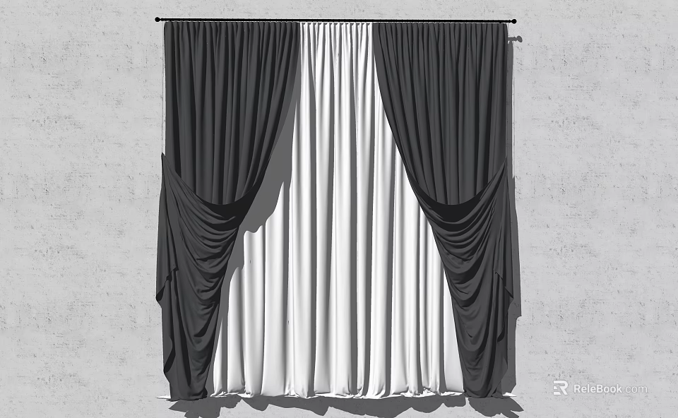 Black And White Window Curtains With Elegant Drapes And Sheer Panels 3d model