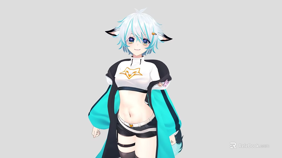 Anime Woman with Blue White Hair Cat Ears Wearing White Cropped Top Black Teal Coat 3d model 