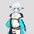 Anime Woman with Blue White Hair Cat Ears Wearing White Cropped Top Black Teal Coat
