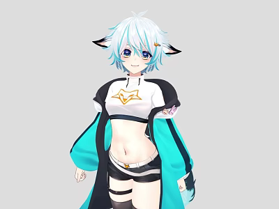 Anime Woman with Blue White Hair Cat Ears Wearing White Cropped Top Black Teal Coat 3d model